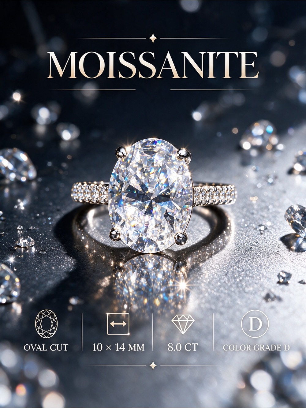 8 CT Oval Moissanite Statement, Engagement Ring – D Color VVS1 – S925